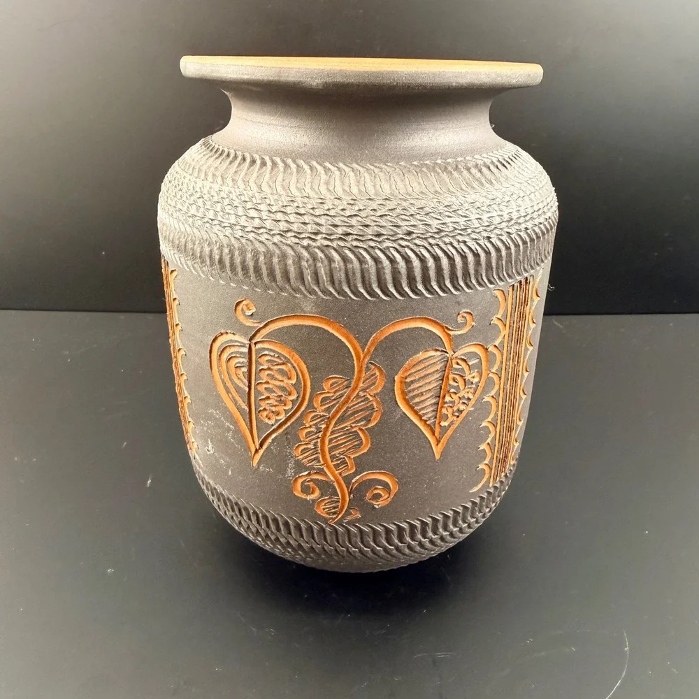 Vintage German Sgraffito Studio Pottery Jar Handarbeit Black Terracotta